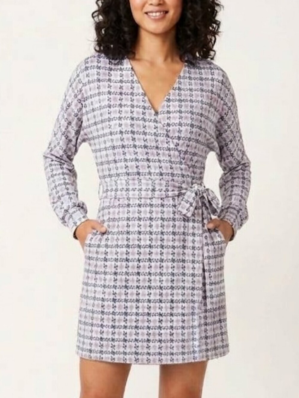 STYLISH MINI DRESS, Long Sleeve, Geometric Pattern, Crossover Neckline, Size Sm